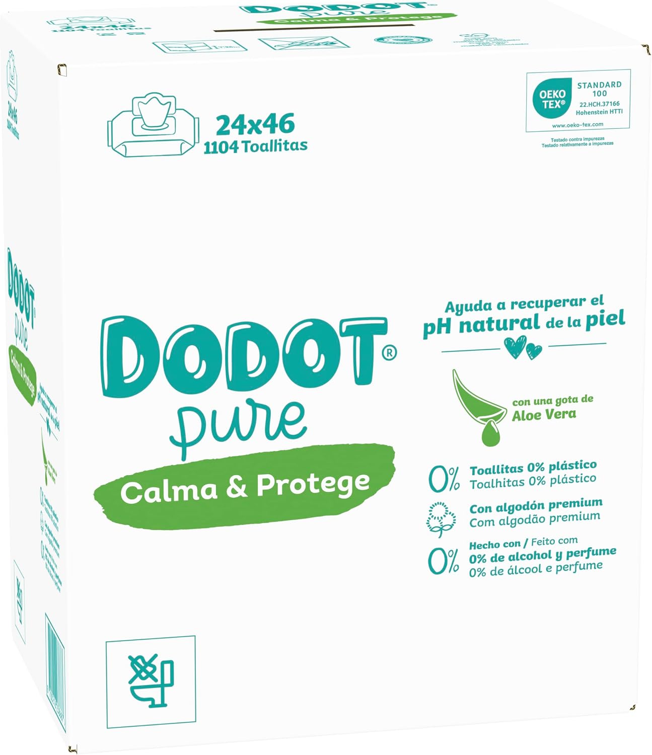 Dodot Toallitas Pure Calma & Protege Para Bebé 24 Paquetes De 46 Unidades =1104 Toallitas, Ayuda a restaurar el pH natural de la piel, una gota de Aloe Vera