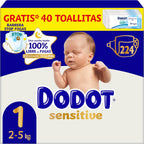 Dodot Pañales Bebé Sensitive, Talla 1 (2-5kg), 224 Pañales + 1 Paquete de 40 Toallitas de Aqua Plastic Free de Regalo