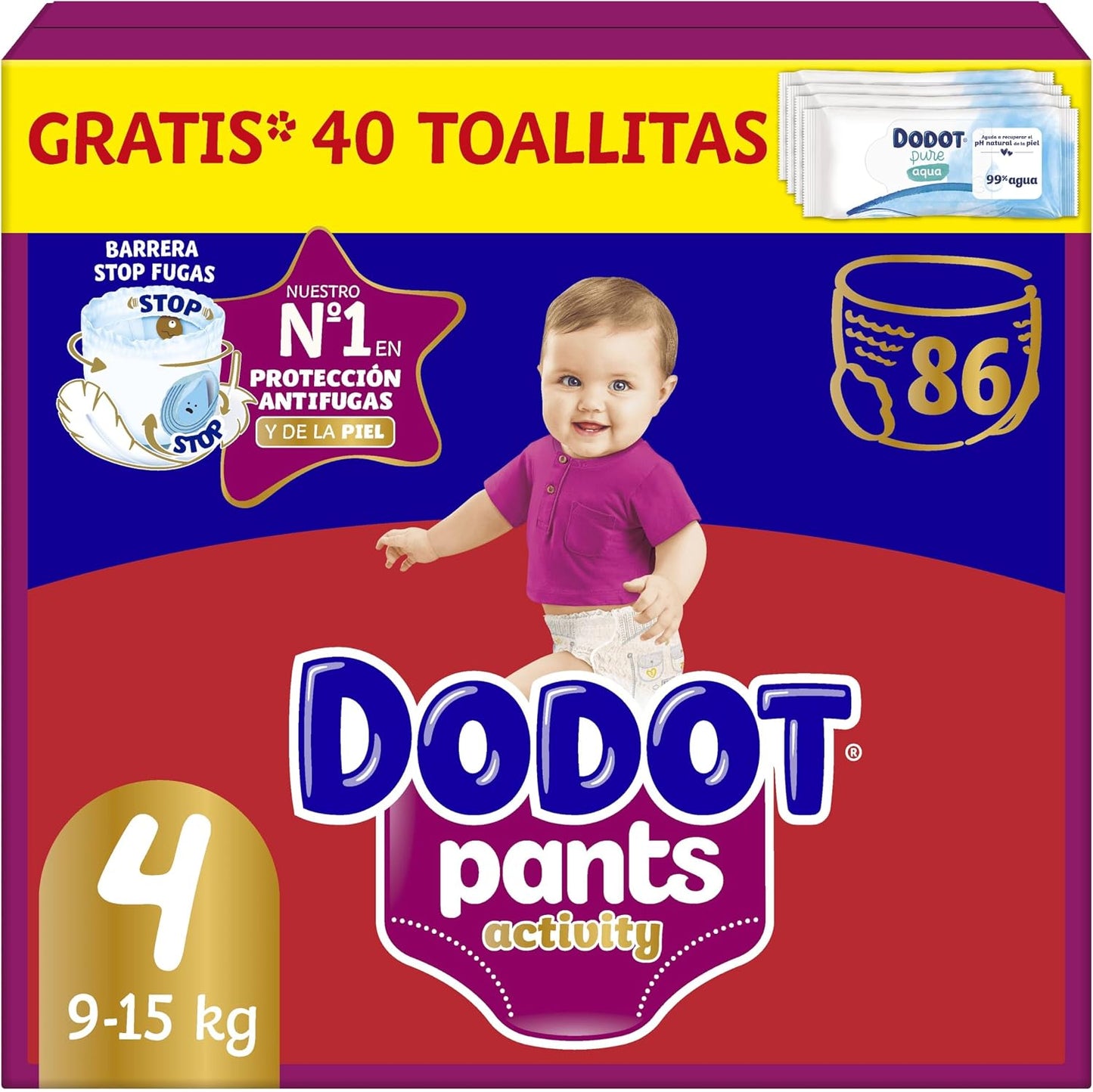 Dodot Activity Pants Pañal-Braguita Talla 4, 86 Pañales, 9kg-15kg, Con Ajuste 360 que ayuda a prevenir holguras y fugas y materiales extra suave