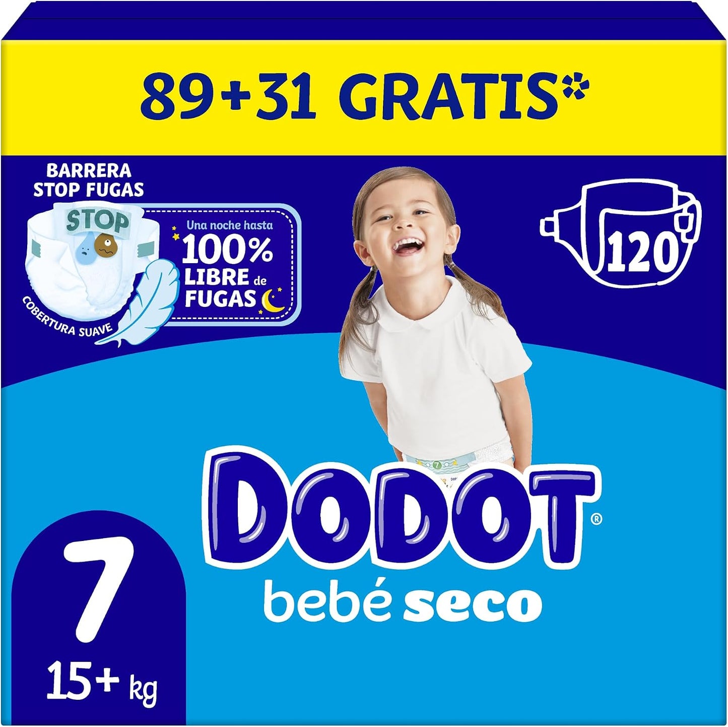 Dodot Pañales Bebé Seco Talla 7 (15+kg), 120 Pañales, Noche Sin Fugas