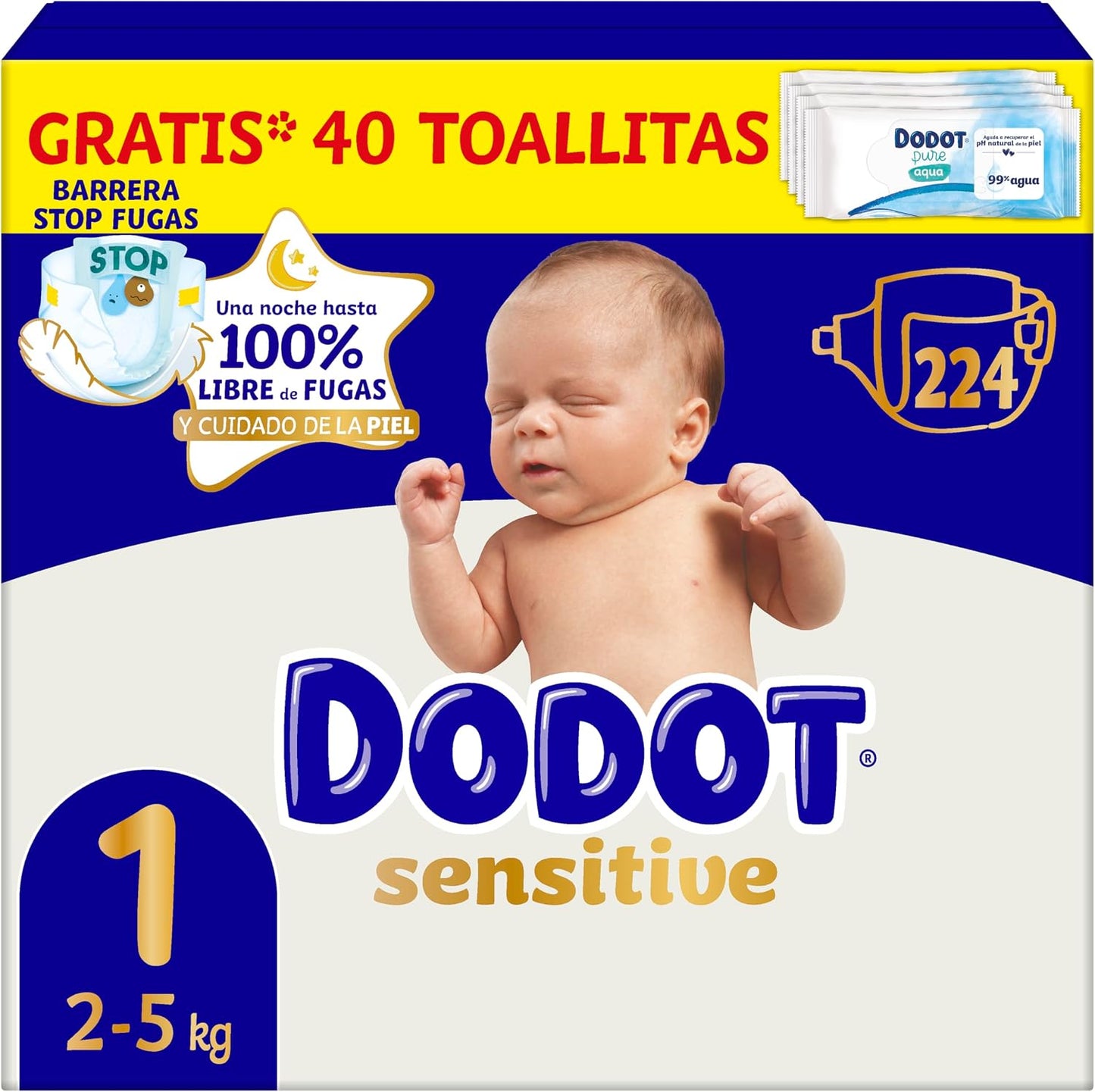 Dodot Pañales Bebé Sensitive, Talla 2 (4-8 kg), 240 Pañales + Regalo de 40 Toallitas Aqua Pure 99% Agua