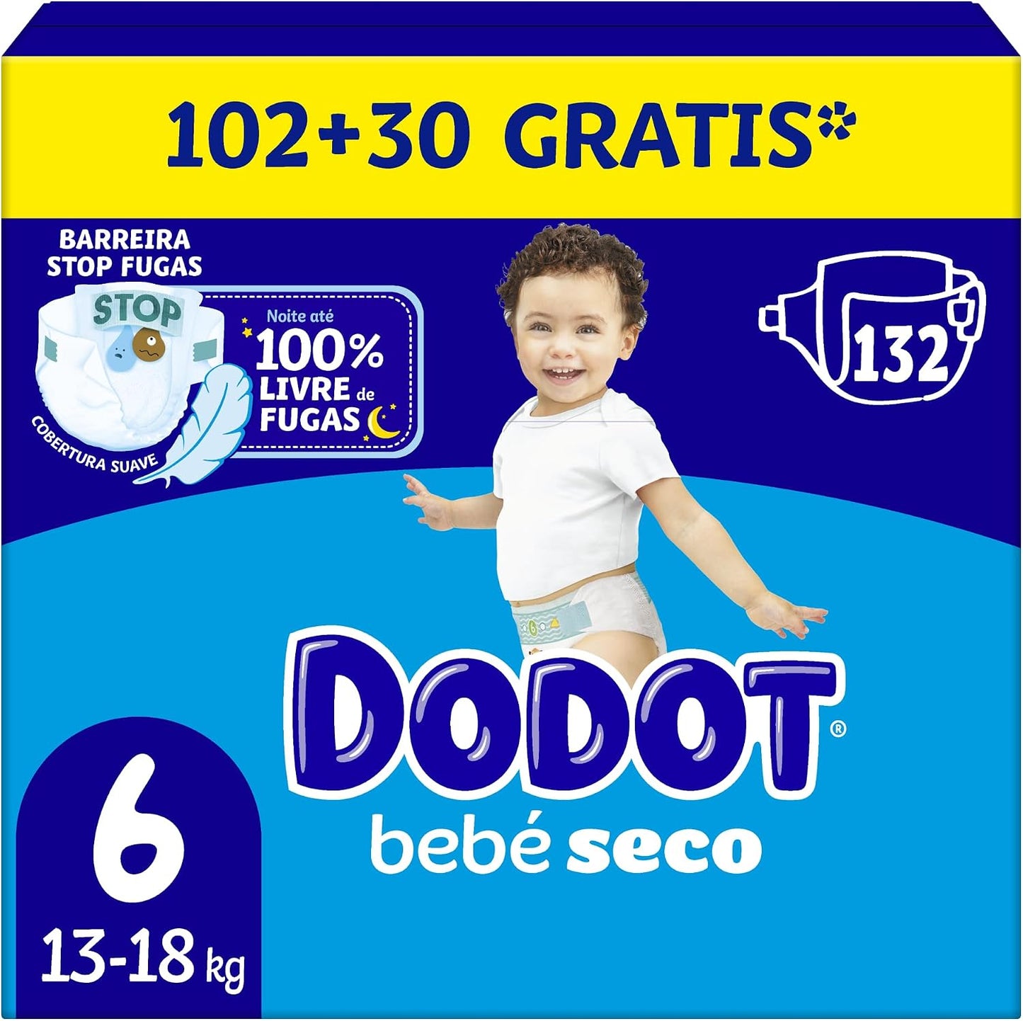 Dodot Pañales Bebé-Seco, Talla 6 (13-18 kg), 132 Pañales + 1 Pack de 10 Toallitas Regalo de Aqua Plastic Free