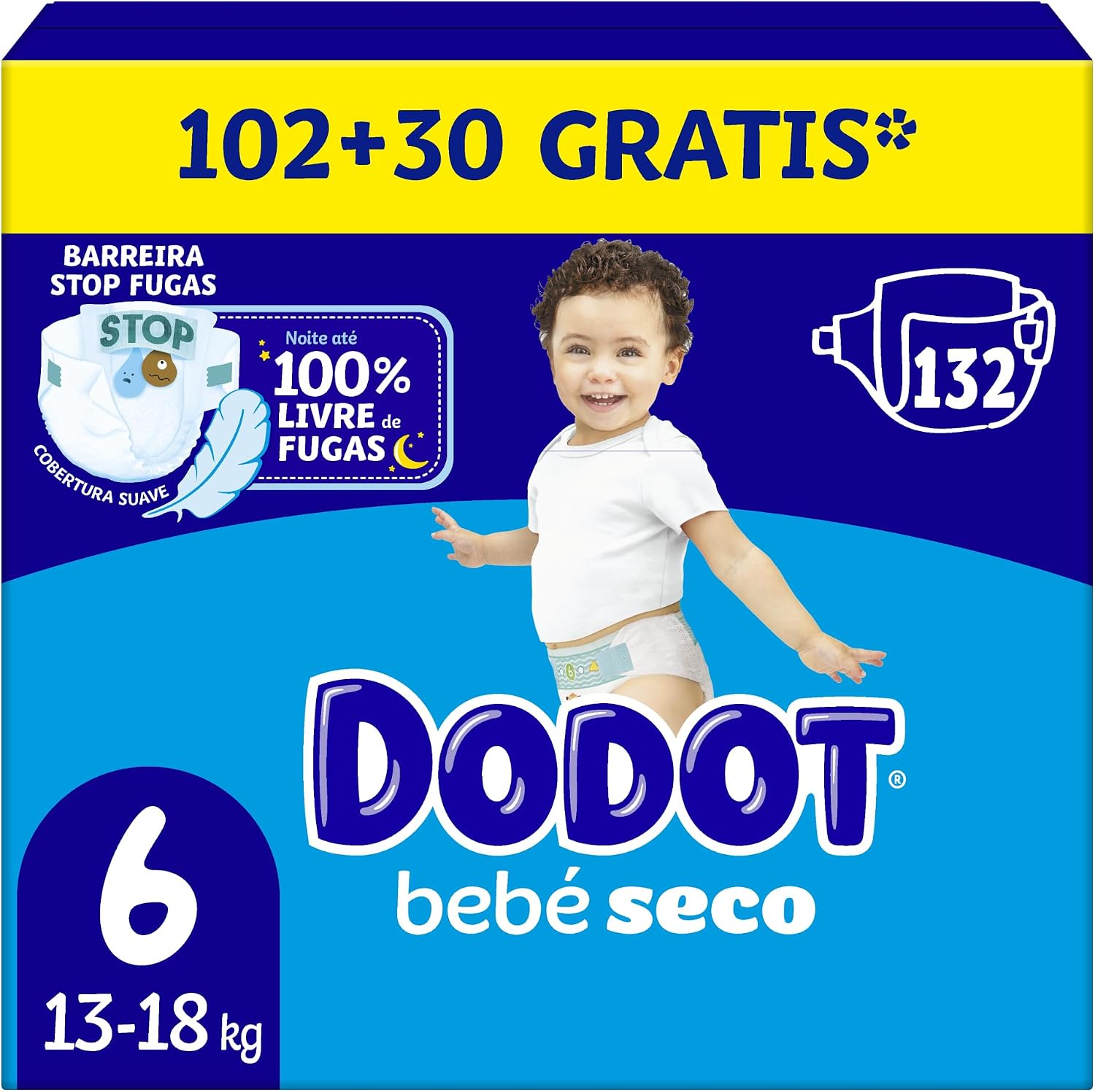 Dodot Pañales Bebé-Seco, Talla 6 (13-18 kg), 132 Pañales + 1 Paquete de 10 Toallitas de Agua sin Plástico de Regalo