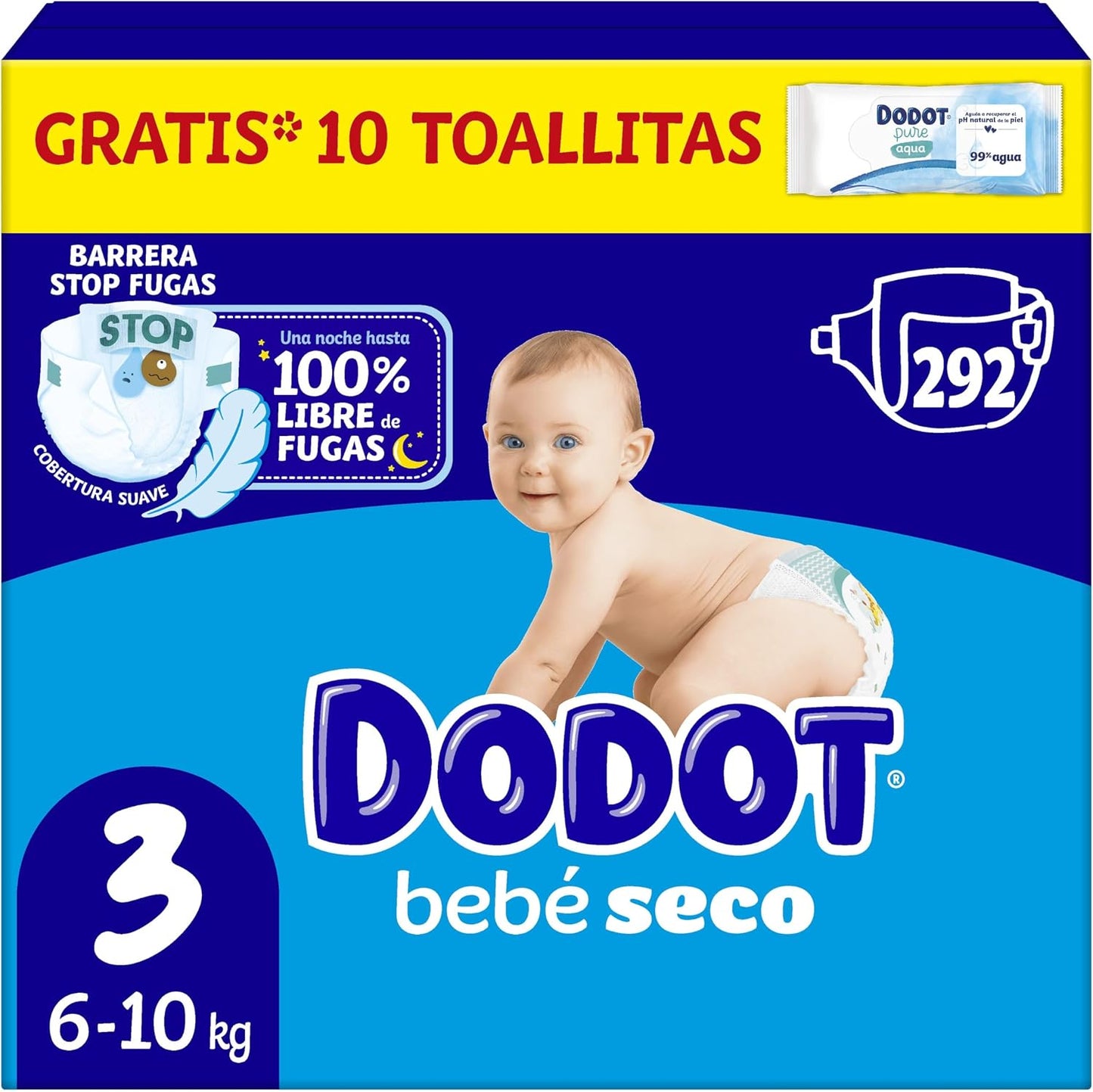 Dodot Pañales Bebé-Seco, Talla 3 (6-10 kg), 292 Pañales + 1 Pack de 10 Toallitas Regalo de Aqua Plastic Free
