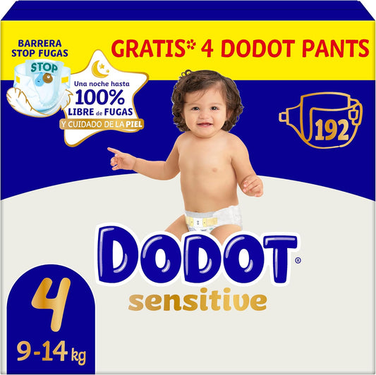 Dodot Pañales Bebé Sensitive, Talla 4 (9-14 kg), 192 Pañales + 4 Pants de Regalo