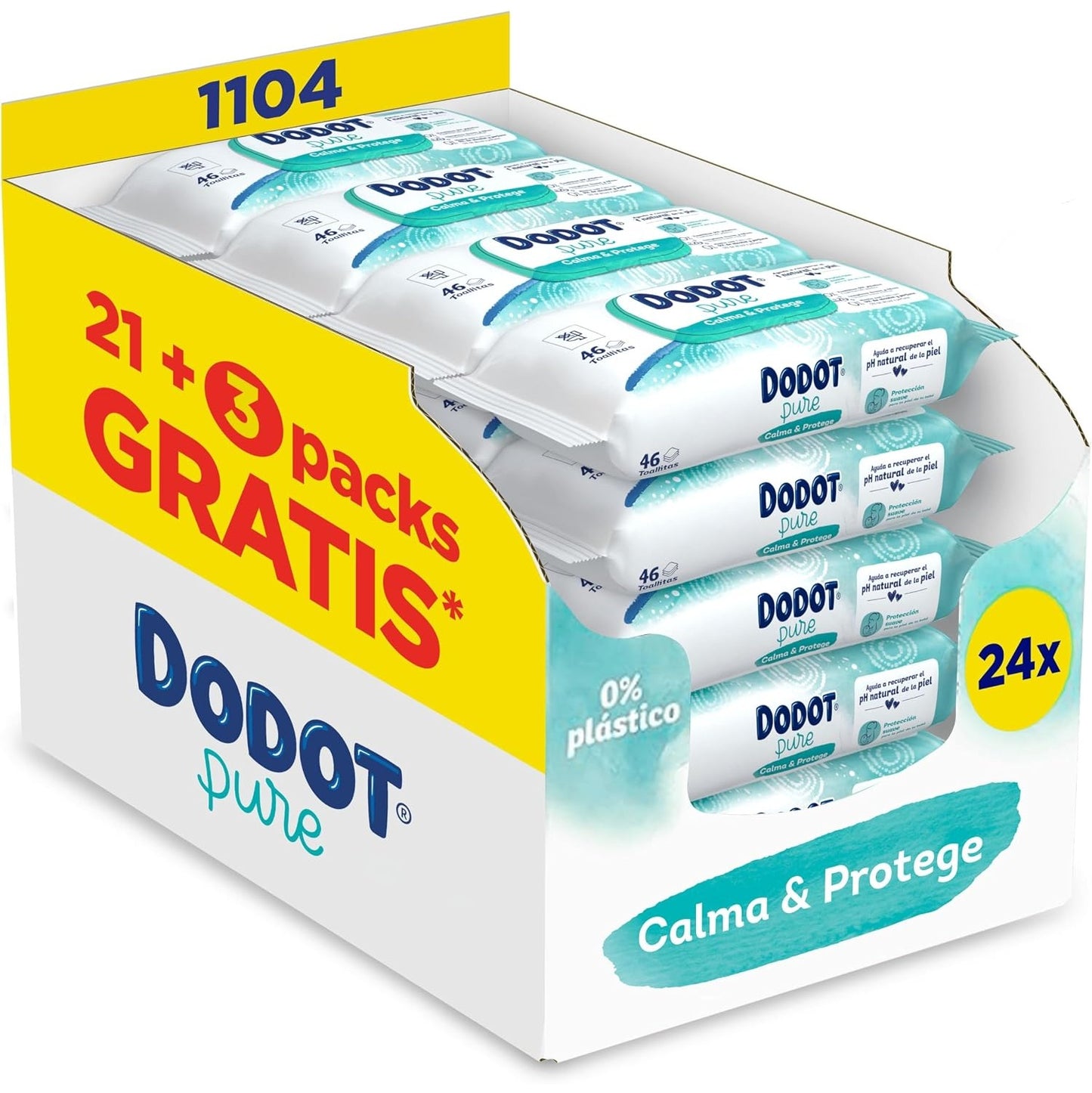 Dodot Toallitas Pure Calma & Protege Para Bebé 24 Paquetes De 46 Unidades =1104 Toallitas, Ayuda a restaurar el pH natural de la piel, una gota de Aloe Vera