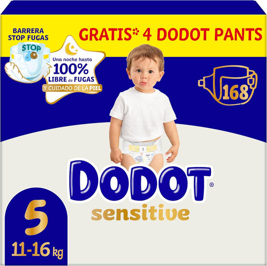 Dodot Pañales Bebé Sensitive, Talla 5 (11-16 kg), 168 Pañales + 4 Pants de Regalo