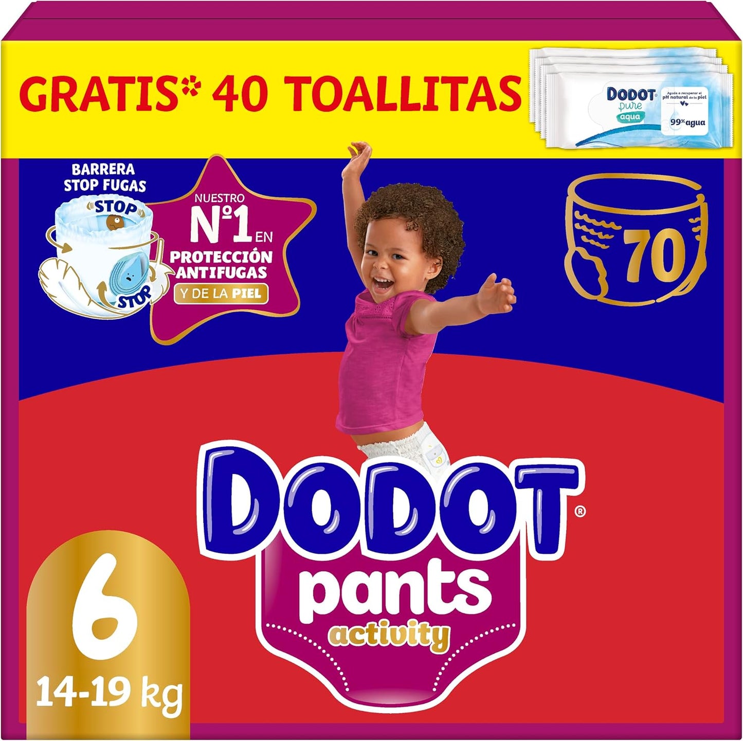 Dodot Activity Pants Pañal-Braguita Talla 6, 70 Pañales, 14kg - 19kg, Con Barrera STOP Fugas Que Ayuda A Prevenir Fugas Traseras