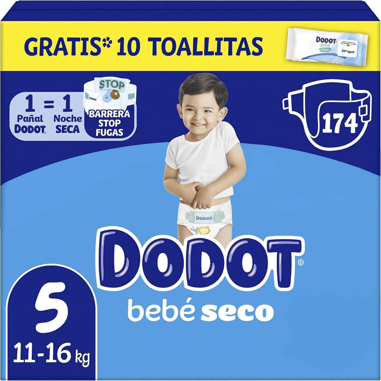 Dodot Pañales Bebé-Seco, Talla 5 (11-16 kg), 174 Pañales + 1 Pack de 10 Toallitas Regalo de Aqua Plastic Free