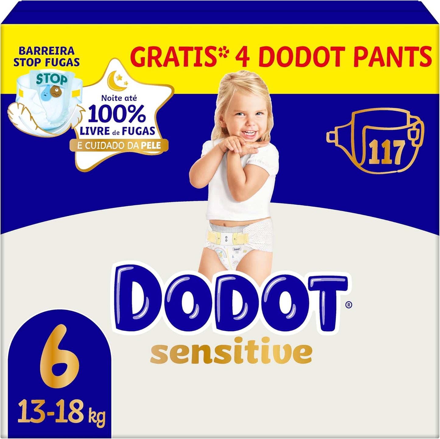 Dodot Pañales Bebé Sensitive, Talla 6 (+13 kg), 117 Pañales + 4 Pants Activity Regalo