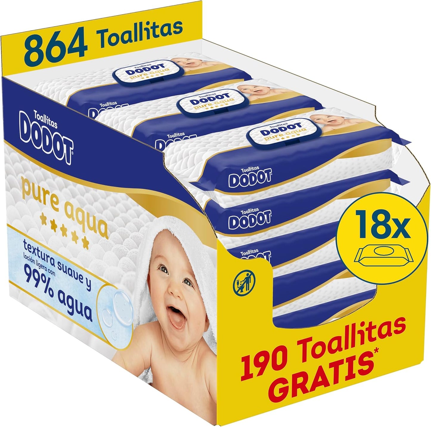 Dodot Toallitas Bebé Pure Aqua, 864 Toallitas (18 Packs x 48 uds)