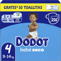 Dodot Pañales Bebé-Seco, Size 4 (9-14 kg), 256 Diapers + 1 Pack of 10 Aqua Plastic Free Wipes Gift