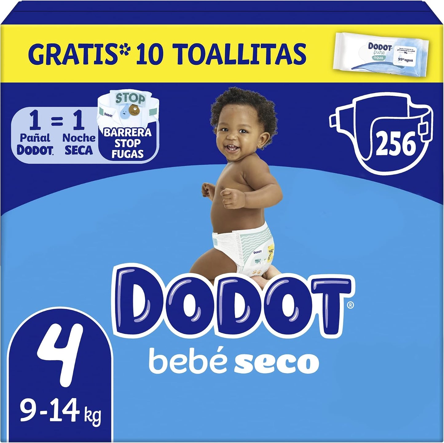 Dodot Pañales Bebé-Seco, Talla 4 (9-14 kg), 256 Pañales + 1 Pack de 10 Toallitas Regalo de Aqua Plastic Free