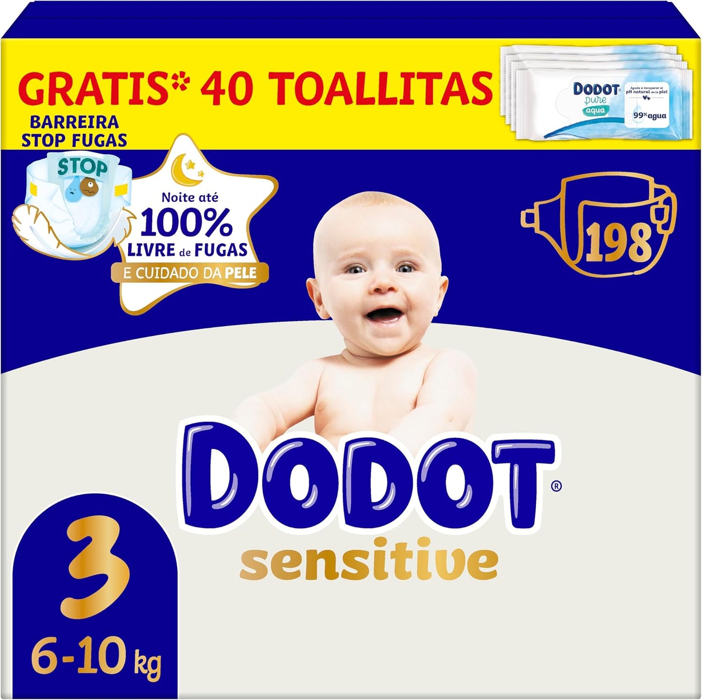 Dodot Pañales Bebé Sensitive Talla 3 (6-10 kg), 198 Pañales + 1 Pack de 40 Toallitas Gratis Cuidado Total Aqua