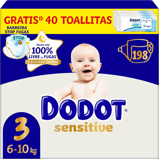 Dodot Pañales Bebé Sensitive Talla 3 (6-10 kg), 198 Pañales + 1 Pack de 40 Toallitas Gratis Cuidado Total Aqua