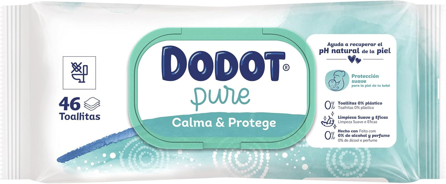 Dodot Toallitas Pure Calma & Protege Para Bebé 24 Paquetes De 46 Unidades =1104 Toallitas, Ayuda a restaurar el pH natural de la piel, una gota de Aloe Vera