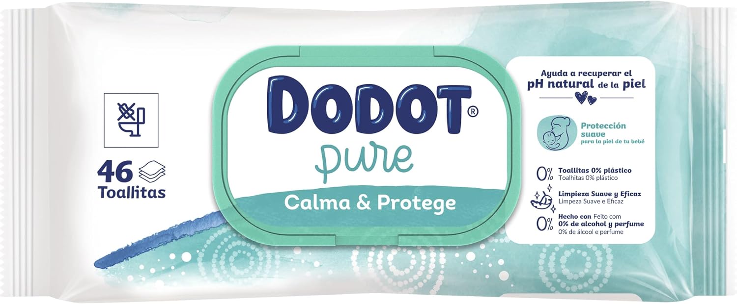 Dodot Toallitas Pure Calma & Protege Para Bebé 24 Paquetes De 46 Unidades =1104 Toallitas, Ayuda a restaurar el pH natural de la piel, una gota de Aloe Vera