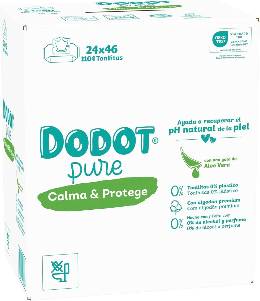 Dodot Toallitas Pure Calma & Protege Para Bebé 24 Paquetes De 46 Unidades =1104 Toallitas, Ayuda a restaurar el pH natural de la piel, una gota de Aloe Vera